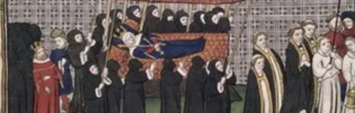 mediaeval painting of nuns carrying deceased in a procession led by priests