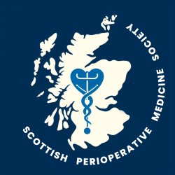 The Scottish Peri-operative Medicine Society logo: a blue heart at the top of the staff of Asclepius, on the white background of a map of Scotland.