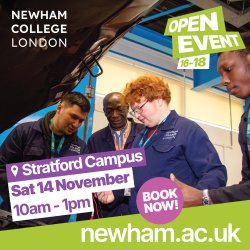 A graphic with Newham College London logo