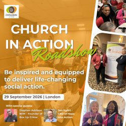 Church in Action Roadshow advert with two orange backgrround of a tabels with a speaker in front and images of two people (male and female ) standing by a Cinnamon Network Banner