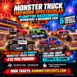 Five monster trucks at Plumpton Racecourse, 4 November 2026, 4pm–8pm. Low-noise fireworks at 7:30pm and 7:45pm.