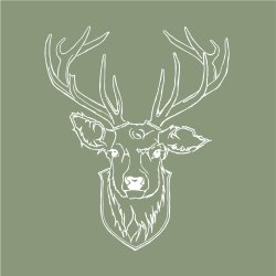 White pencil illustration of a mounted stag's head on an olive green background