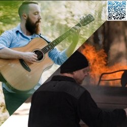 Wes Parker playing guitar and Dan Becker playing a piano that's on fire.