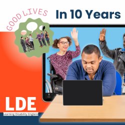 Good Lives logo in the top left corner, next to blue text on the right that reads 'In 10 Years'. On the right side there is an image of three people with the LDE logo in the corner.