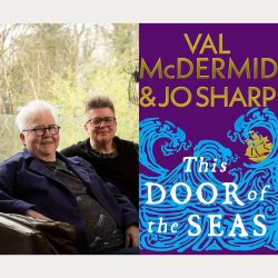 Two seated women beside an image of a book cover with waves.