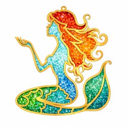 Round wood frame shaped like a mermaid and filled with vibrantly dyed crushed glass