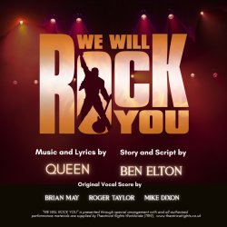 Poster style image for CMTS's production of 'We Will Rock You", featuring a silhouette guitarist against a spotlight-filled state backdrop with credits to writers of music and lyrics.