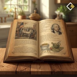 Open vintage book on a wooden table depicts historic scenes and recipes. The kitchen background is softly lit, creating a warm, nostalgic atmosphere.