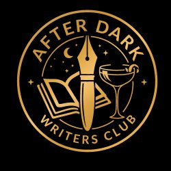 Logo for the After Dark Writers Club showing a golden pen, cocktail and book on a black background.