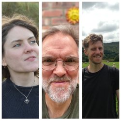 Three poets: Becca has short brown hair, Andy has light hair and a grey beard, Tom has blonde hair. All three are smiling.