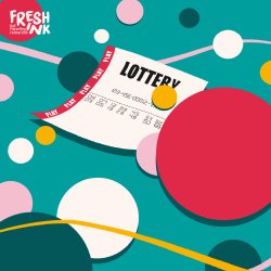 A lottery ticket with two lines of numbers floats among multicoloured lottery balls, which also look like bubbles.
