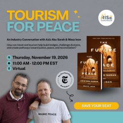 Promotional graphic for RISE Travel Institute's book club event: Tourism for Peace: An Industry Conversation with Aziz Abu Sarah and Maoz Inon on Thursday, November 19, 2026