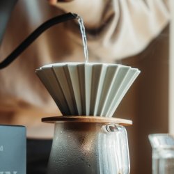 A pour over coffee set up with fresh brewed coffee