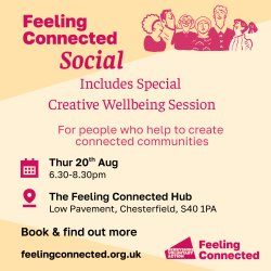 Text details of the event with an illustrated graphic of a group of people in a line in a hug and the DVA Feeling Connected Logo