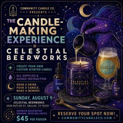 Candle-making experience at Celestial Beerworks in Dallas with Community Candle Co. wax pouring and fragrance oils.