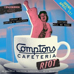 a graphic of a protester in a coffee cup with Compton's Cafeteria and RIOT labeled on the