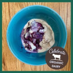 A bowl of ice cream, along with a sticker that reads "Celebrate Organic Dairy"
