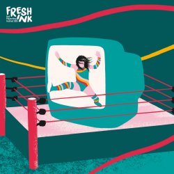 Illustration of an old boxy television set inside a wrestling ring, with a female wrestler in a stripey costume leaping through the screen.