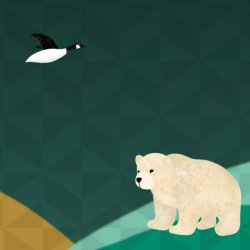 Goose and polar bear in an ochre and teal abstract landscape