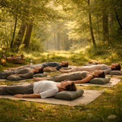 People relaxing in the woods