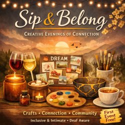 Sip & Belong image with paints, coffee cup and vision board