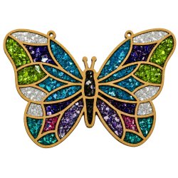 Wood frame in the shape of a butterfly with a pointy witch's hat filled with flowers filled with  vibrantly dyed crushed glass