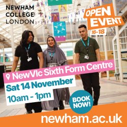 A graphic with Newham College London logo