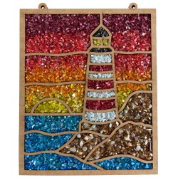 Wood frame in the shape of oval filled with flowers filled with  vibrantly dyed crushed glass