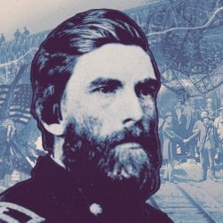Portrait of a man in military uniform with historical maps and bridge in the background.