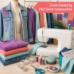 A range of clothes, sewing accessories, sewing machine and patched denim jacket