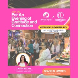 Women Rising Together x Greensboro City Lifestyle: An Evening of Gratitude and Connection, Wednesday, November 11, 5:30-7:30 PM at Fainting Goat Spirits, featuring speaker Lauren Britton