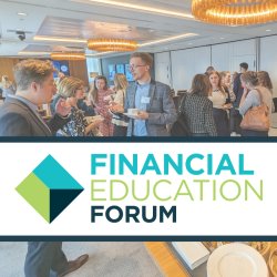 Financial Education Forum logo on white banner. Navy tinted photo background showing forum members networking and eating food.