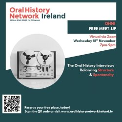 Event flyer for Oral History Network Ireland (OHNI) titled ‘Lessons Learned - What Experienced Oral Historians Wish They Knew Starting Out’. A free networking event taking place Wednesday, 4th March.