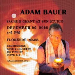 Poster for Adam Bauer sacred chant at Sun Studio, Florence MA, 7-9PM on Dec 12 2025 with chanting at harmonium photo.