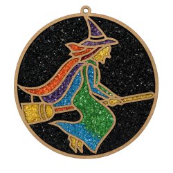 Wood frame in the shape of a fish vibrantly dyed crushed glass