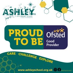 Ashley school logo with wording from Ofsted rating that the school is ‘proud to be good’