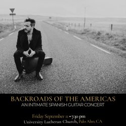 Black-and-white promotional image of Spanish guitarist Diego García seated on his guitar case in the middle of an empty rural road.