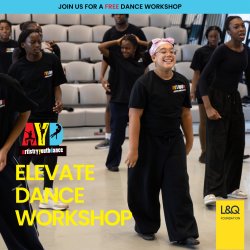 Young black person in a red leotard and black leggings jumping with their knees bent in front of them and hands placed around the head. Text Reads: Elevate AYD Weekly Dance Class