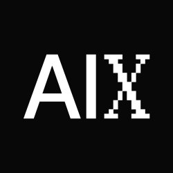 Logo with “AIX” in white on a black background; the “A” and “I” use a smooth modern sans-serif, while the “X” is styled in blocky pixel-art.