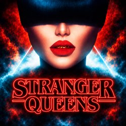 Stranger Queens - Image of a woman in shadows with dark bangs covering her eyes with red lipstick and gold teeth