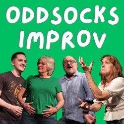 Four comedy performers mid gesture with dramatic expressions