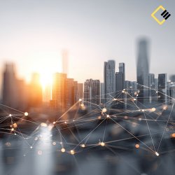 Modern city skyline at sunset, with a digital network overlay of glowing nodes and lines, conveying technology and connectivity themes.