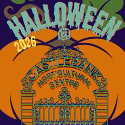 Halloween at castlebank pumpkin picking and Tunnel of terror yellow spooky font on purple background