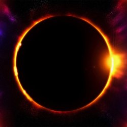 A solar eclipse image showing an orange corona around a black moon.