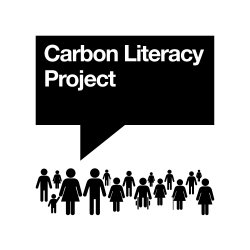 The black and white logo for the Carbon Literacy Project with lots of people icons underneath the CLP title in a speech bubble box