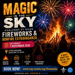 Promotional poster for the Magic in the Sky 2026 fireworks and bonfire event.