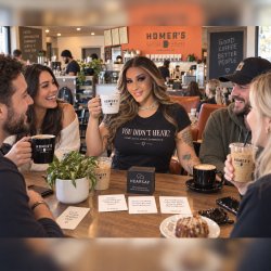 Guests connecting over coffee and conversation cards at Homer's Coffee House