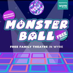 A cartoon style disco themed background with Monster Ball written over it