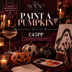 Scene Social branded page, with paint a pumpkin, showing the date as the 10th October, time itme as 2-4pm and at Ginnys in Maldon