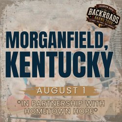 Singer Brandon Davis smiles on a stage. Text details on the image say He will be performing in Morganfield, KY on August 1st as part of his Backroads and Barns Tour